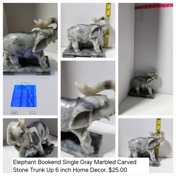 6in Grey marble carved stone trunk up - Picture 1 of 1